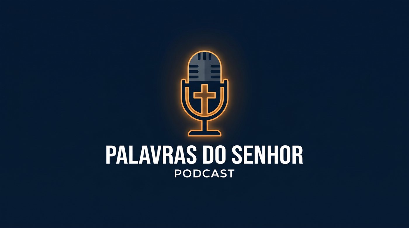 Logo Palavras do Senhor Podcast: microfone com uma cruz em laranja neon